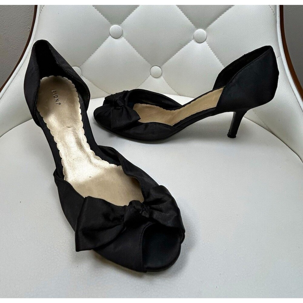 Fioni Black Satin Bow Peep Toe Heels D'Orsay Pumps Dress Shoes Sz 8.5